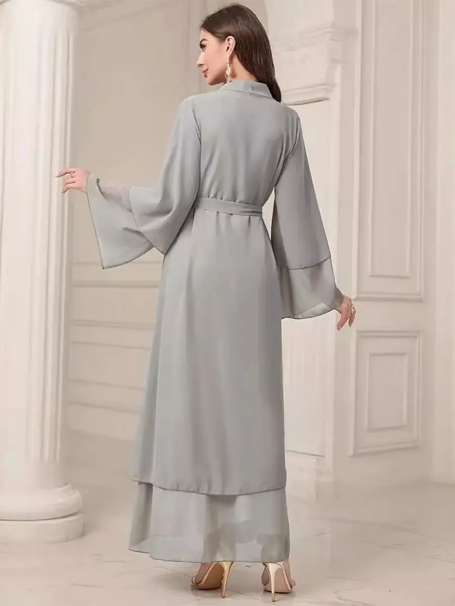 Fashion Muslim Solid Open Abayas With Belt Double Layer Chiffon Women\'s Robe Moroccan Dubai Saudi Elegant Loose Kebaya Dresses