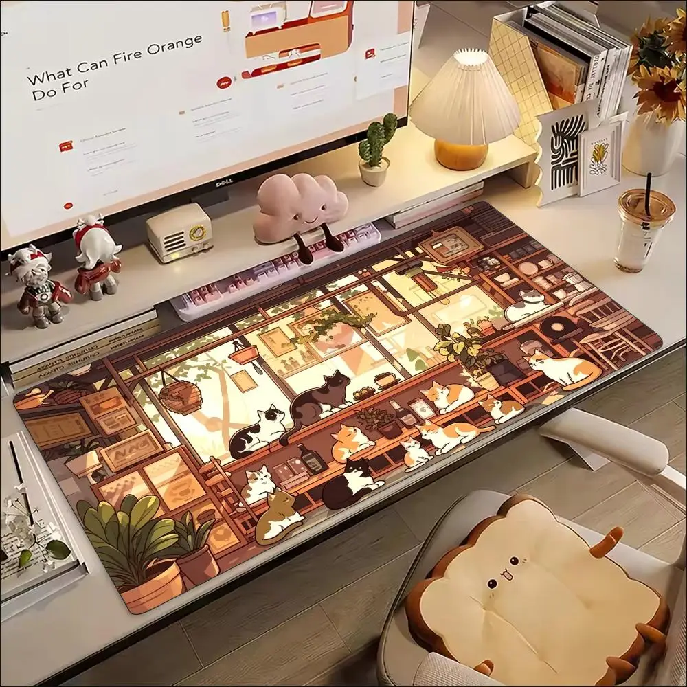 Warm Retro Anime Cute Cat Cozy Town Scene Large Gaming MousePad Non Slip Rubber Desk Mat For Laptop Keyboard Home Office Desktop