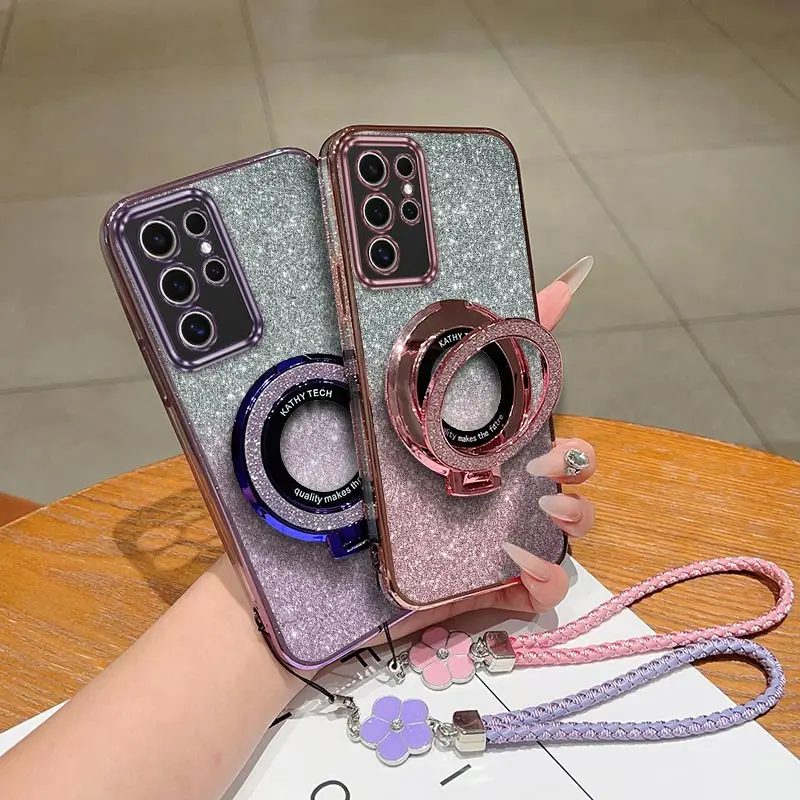S24Ultra Plating stand lanyard Phone Case For Samsung S20FE S21 S9 S8 M32 M31 S24 M22 M13 M12 F22 F12 Note 20 Cover