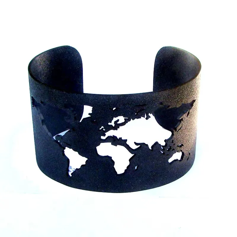 World Map Cuff Bangle Travel Peace Jewelry Stainless Steel 40mm Wide Cut-out Glitter Embossed Circle Angle Bracelet Ornament