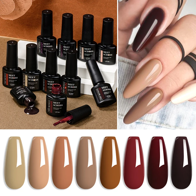 MEET ACROSS 7ml Coffee Color Series Gel Nail Polish Brown Grey Semi Permanent UV Gel Autumn Winter Soak Off Nail Art Varnish