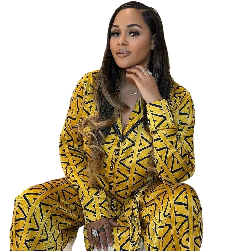 

African Fashion Women Two Piece Set Printed Loose Long Sleeve Turn Down Collar Shirt and Long Pants Set Streetwear