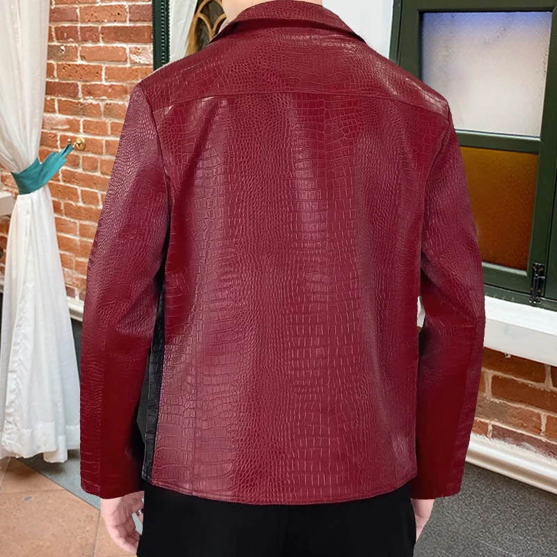 High Quality Faux Leather Stitching Jacket 2023 Autumn Winter Chibird Lattice Print Lapel Jacket Brand Motorcycle Coat Men