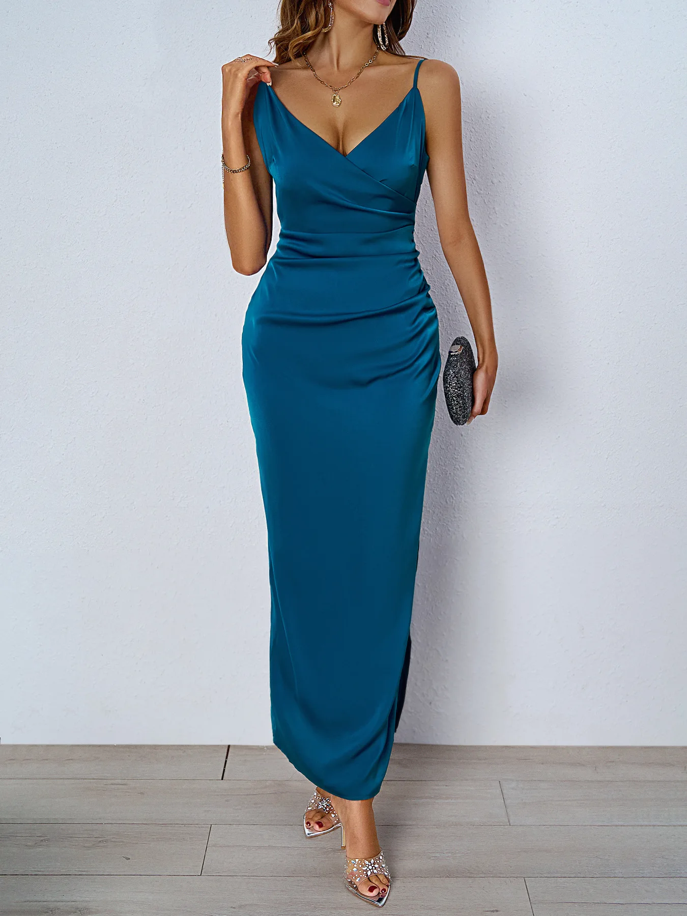 ICCLEK Maxi Dress In Navy Long Satin Evening Dress Bridesmaid Wedding Party Sexy Dress Women\'s Summer Bodycon Maxi Dress