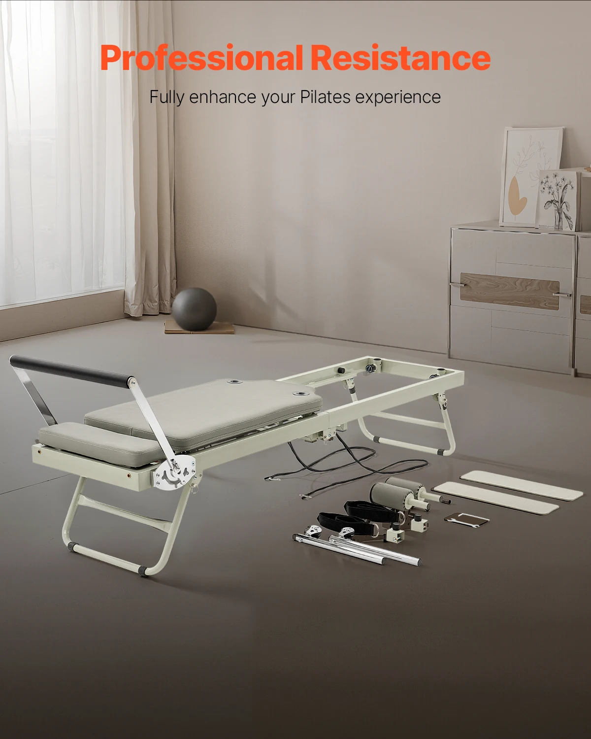 VEVOR Foldable Pilates Reformer Pilates Workout Machine for Home Gym Studio Use, Pilates Bed with Dual Resistance- Spring & Cord view 3
