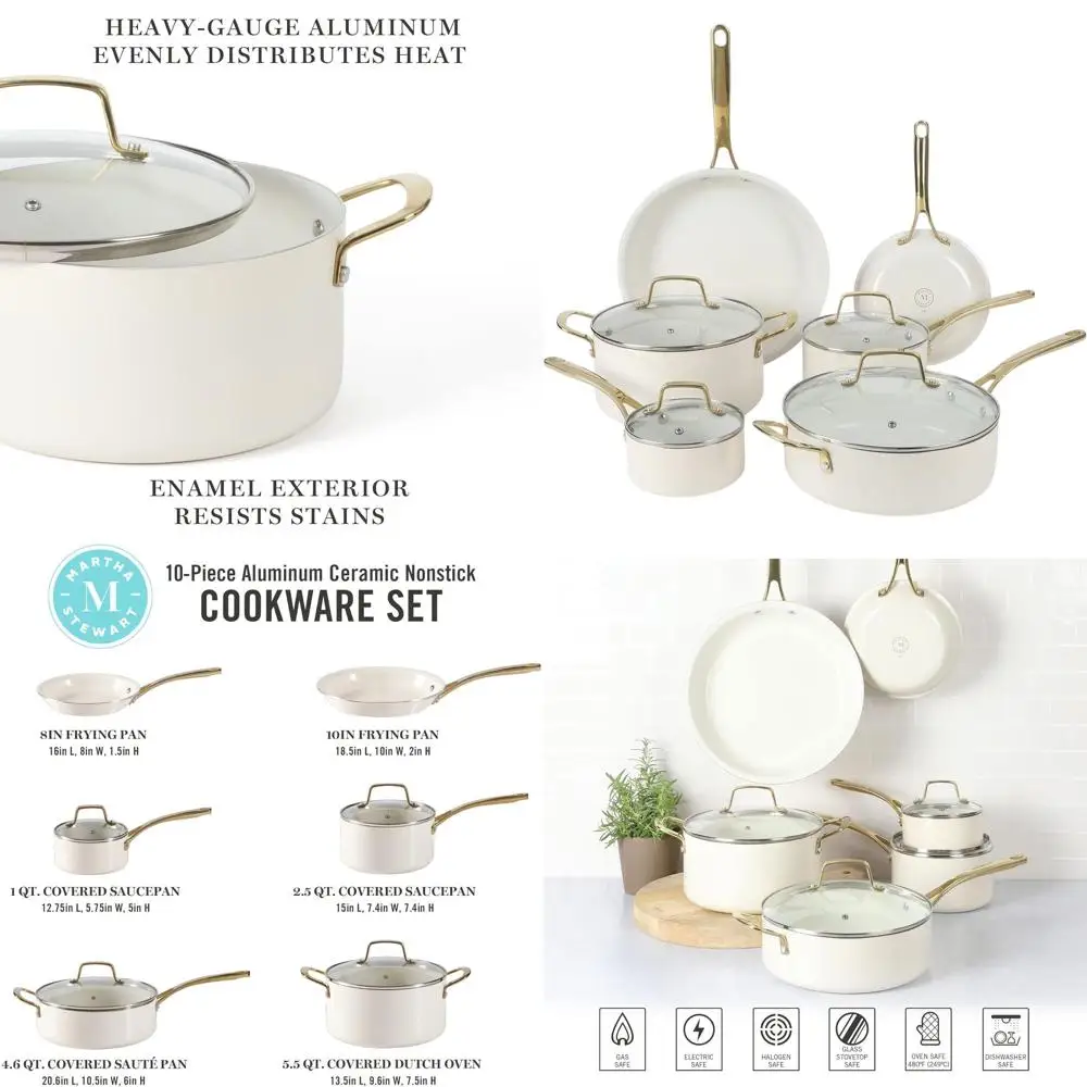 

Linen White 10-Piece Ceramic Cookware Set with Gold Handles, PFA-Free & Heavy-Gauge Aluminum