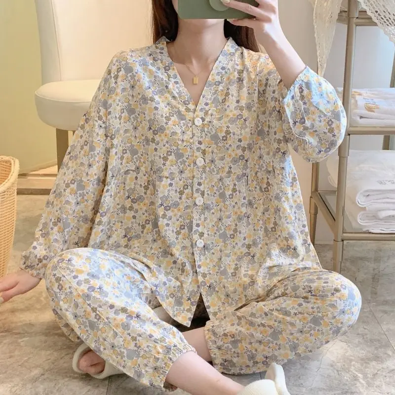 Pajama Sets Women Print Sweet Prairie Chic Spring Home Thin Breathable V-neck Casual Loose Tender Fashion  Nightwear Simple