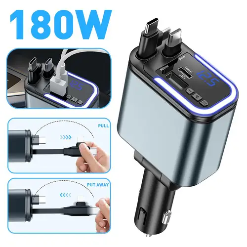 Imagen 2 del producto Cargador de coche USB C retráctil 5 en 1, adaptador de carga rápida para coche de 180W con luces de ambiente para IPhone, iPad, Android
