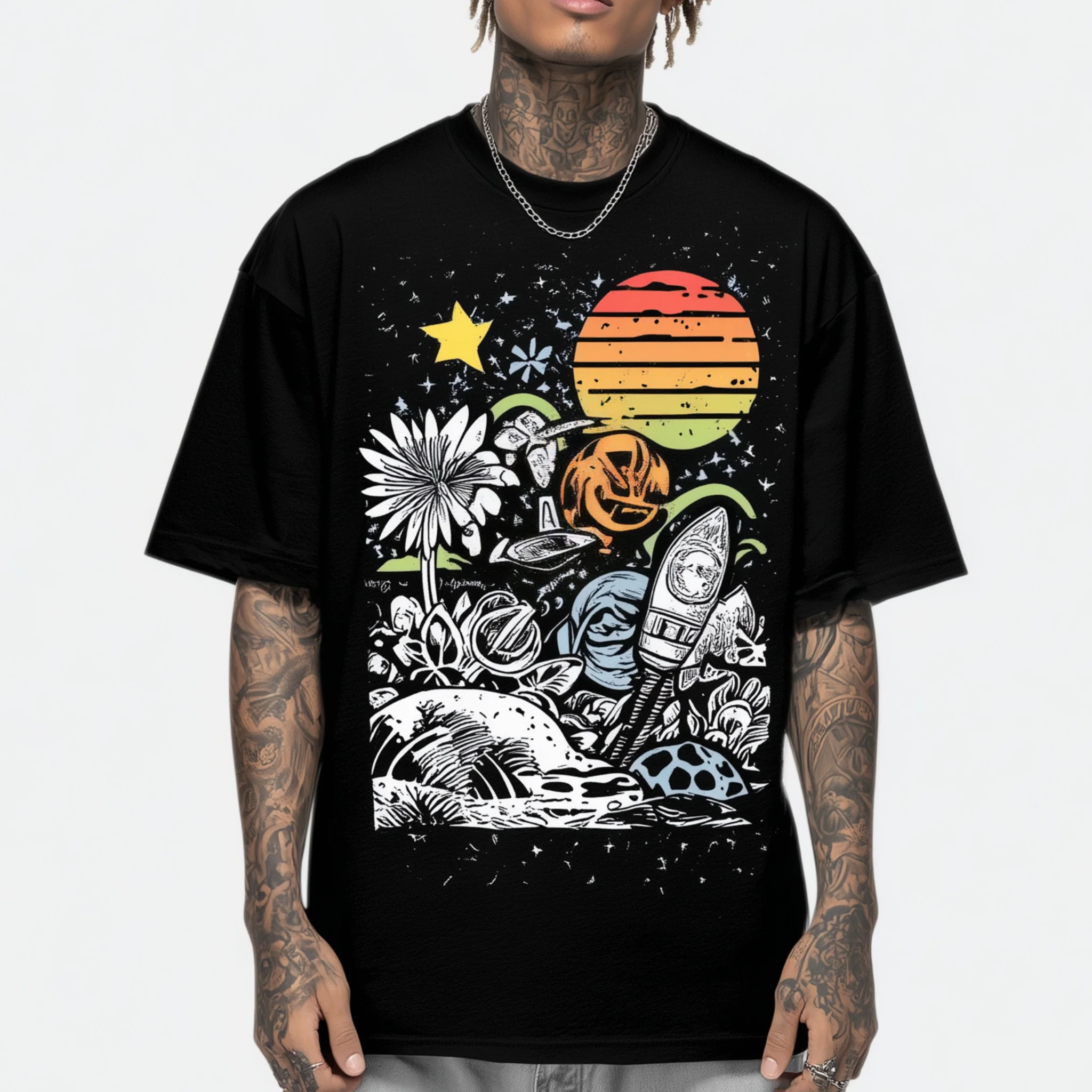 

Teevo Black T-Shirt with Space Rocket and Floral Sunset Print for Casual Wear