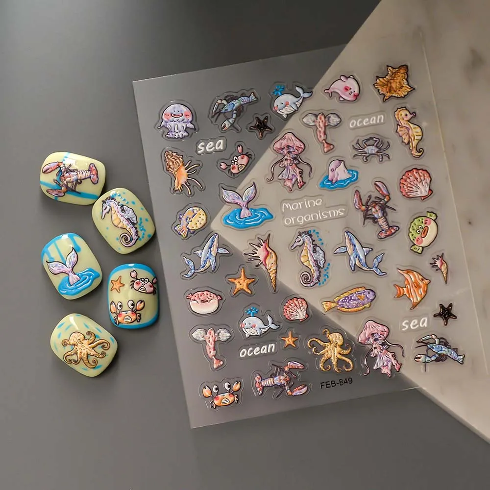 Concha estrella océano pegatinas de uñas medusas de mar vidrio brillante delfín gelatina océano calcomanías de uñas suministros de uñas accesorios de uñas en relieve
