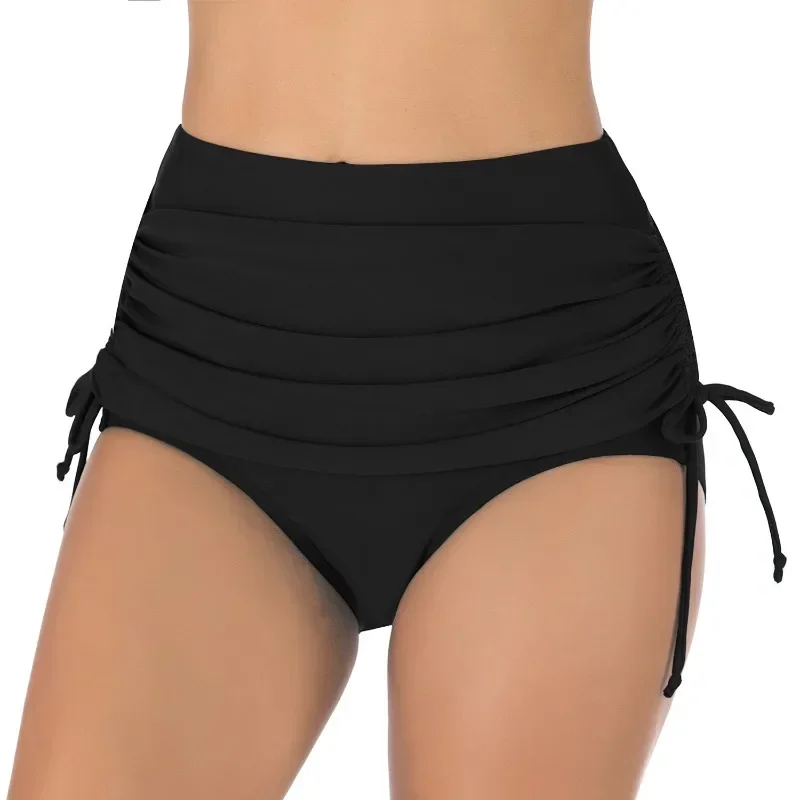 Women Summer Bandage Pleated Swimming Briefs Solid Color Elastic High Waist Swim Shorts Beach Shorts Sexy New Fashion Beachwear