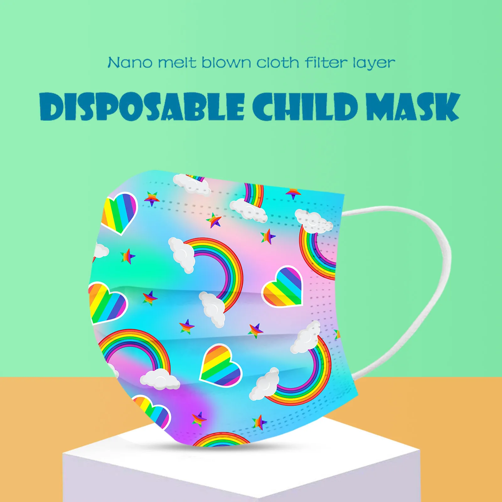 Masque jetable mixte pour enfants, 50 pièces, motif mignon imprimé, masque quotidien extérieur anti-poussière à 3 plis avec boucles auriculaires, impression Non positionnée