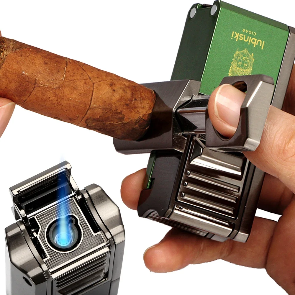

LUBINSKI металлическая зажигалка для сигар с V-образным резаком, портативный газовый 1-зажигалка, подставка для сигар, крышка