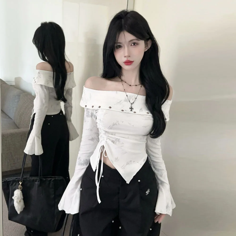 Drawstring Bell Sleeve T-Shirt Retro Style Base Shirt Hot Girl Trend Straight Cut Polyester Fabric Cuff Bell Sleeve Regular T...
