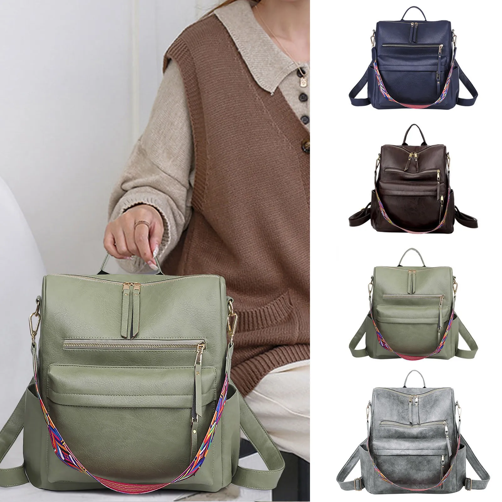 Plain Demin Backpack Women\'s Fashion Handle Multi Zipper Pocket Messenger Bag large capacity Knapsack Outdoor Causal Hobos