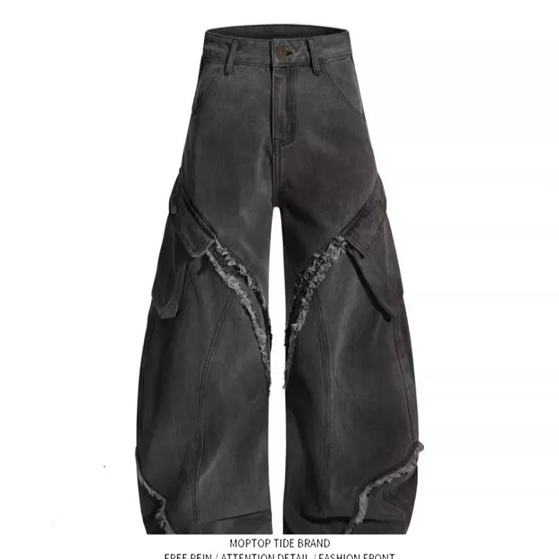 

Винтажные прочные джинсы с широкими штанинами и декоративными вставками, мужские модные повседневные брюки прямого кроя, весенне-осенний сезон, полиэстер...