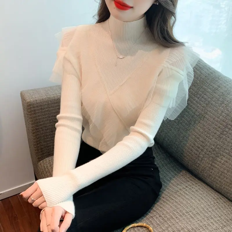 Off Shoulder Slim Pullovers Top Autumn Winter New Long Sleeve Net Yarn Patchwork Elegant Sweaters Korean Fashion Women Clothing