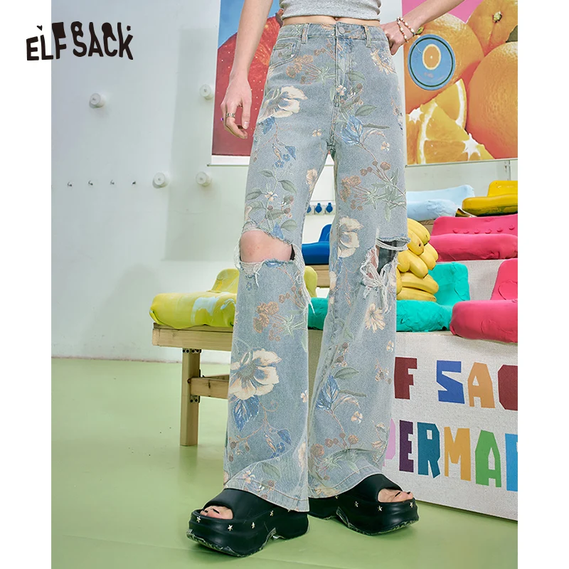 

ELFSACK 2024 summer new arrival Holiday style printed ripped high waist slim American style high street jeans for women