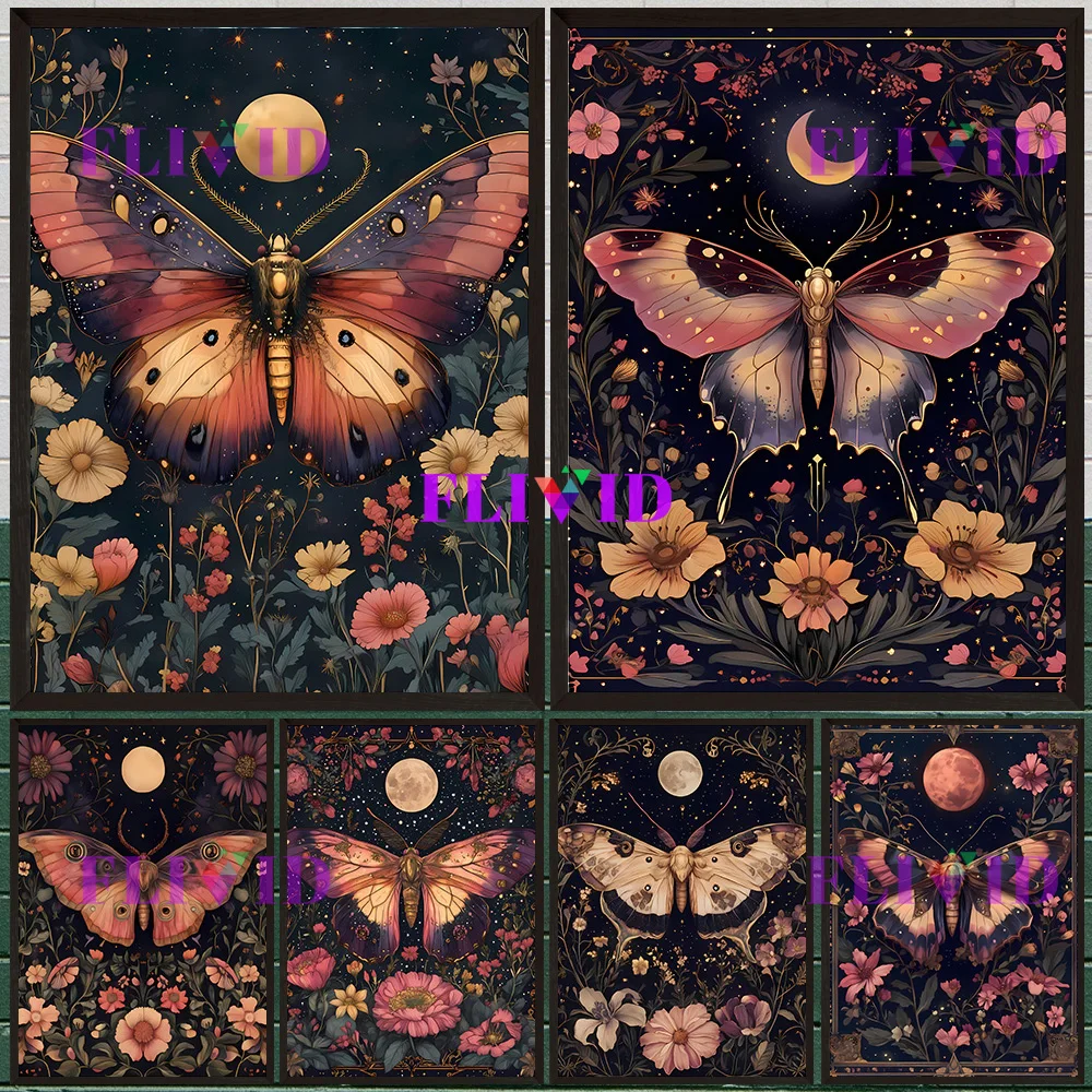 

Magical Moths Vintage Celestial Art Poster Mystical Insect Illustrations Vintage Wall Art Canvas Painting Moon Phase Print Decor