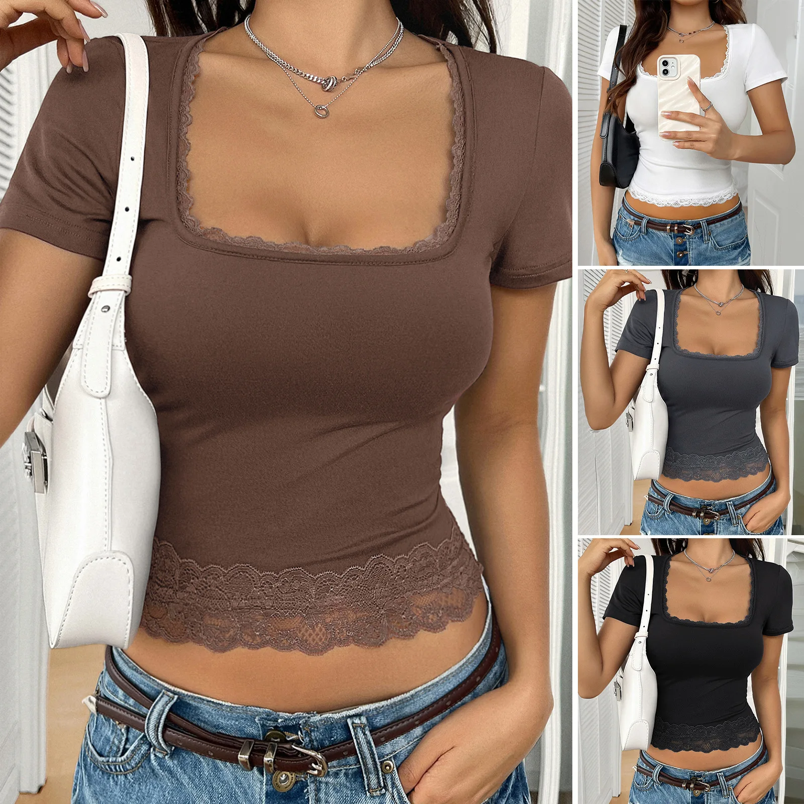 

Весна и лето 2022, трансграничные топы, женская одежда Y2K, сексуальная однотонная футболка с U-образным вырезом и кружевом Bm, футболка с короткими рукавами