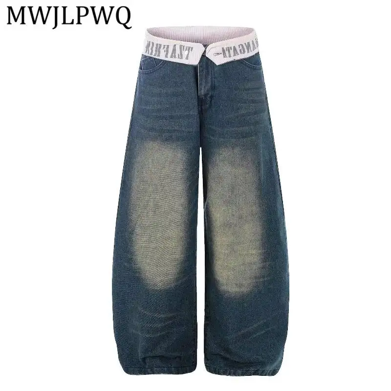 

MWJLPWQ Vintage Street-Style Distressed Washed Letter-Print Jeans For Men And Women Summer Wide-Leg Floor-Length Pants16973