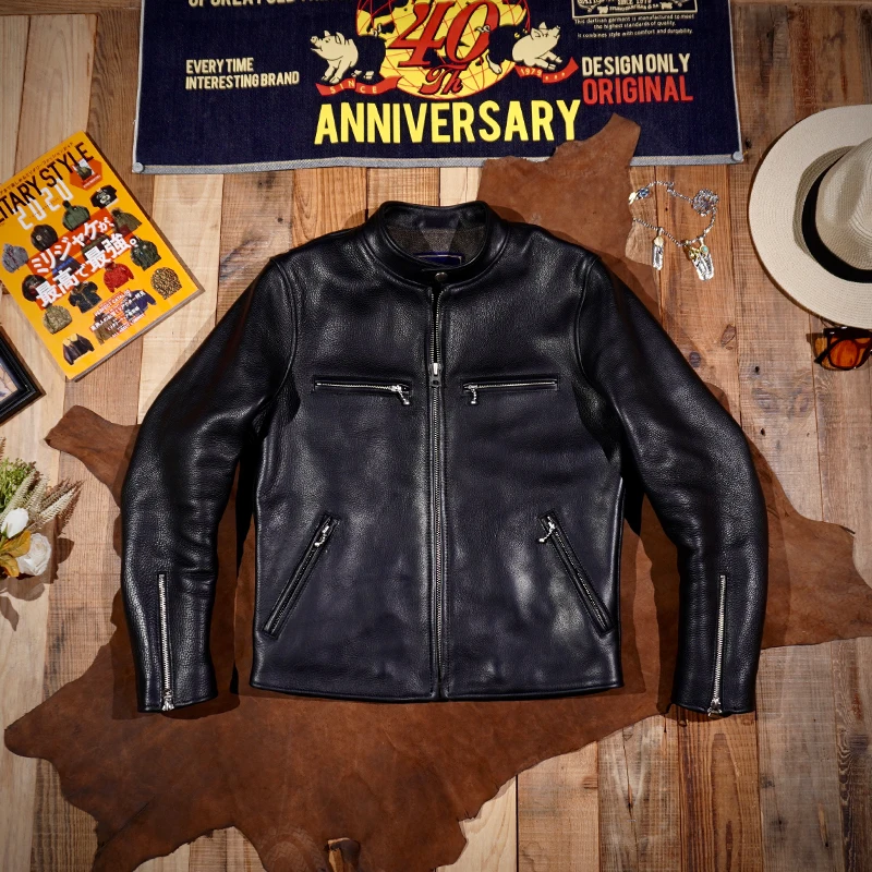 خياط براندو J100 الوقوف طوق 1930S الحبوب الكاملة جلد البقر سترة الرجال قصيرة جلد طبيعي دراجة نارية سترة #1