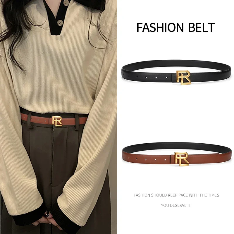 Elegant Women\'s Belt with Elegant Gold Letter Button Head for Everyday Versatile Denim Pants Decoration Trendy Women\'s Belt