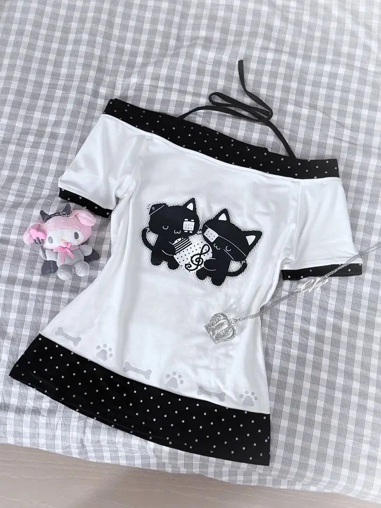 Trendy Cute Polka Dot ort Sve Waist Cinched Belted Fake Two-Piece Bow Tie One-oulder Top for Young Women Summer Wear