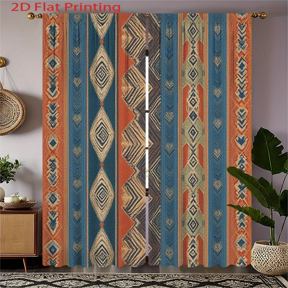 Tribal Geometric Curtains 2pcs – Aztec Inspired Blue Orange Pattern, Bohemian Ethnic Decor for Living Room and Bedroom