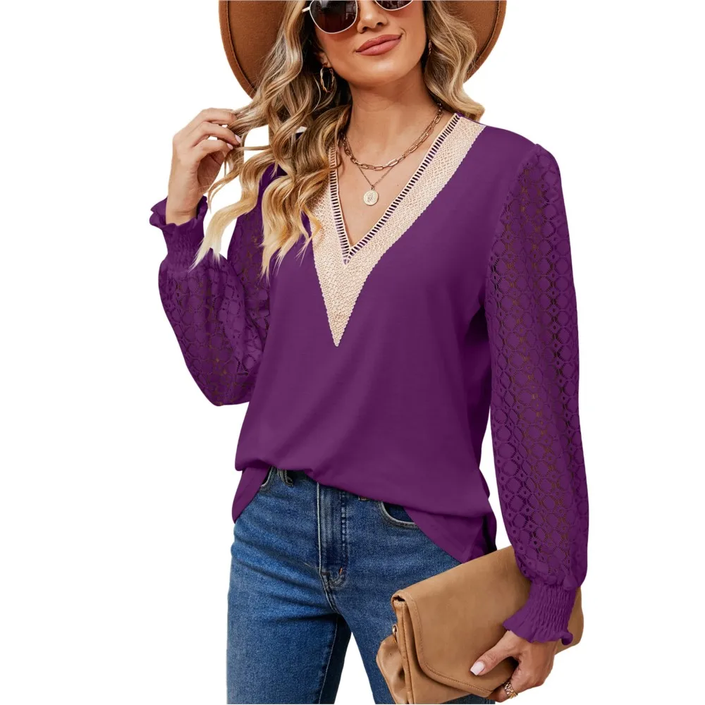 

Elegant Hollowed Out Long Sleeved Office Shirt For Autumn And Winter 2024 New V-neck Lace Patchwork Loose Top For Women Blusas