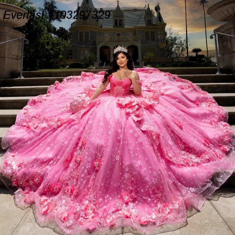 EVLAST Rose Pink Quinceanera Dress Ball Gown 3D Floral Applique Beaded Bow Corset Tiered Sweet 16 Vestidos De 15 Años TQD858