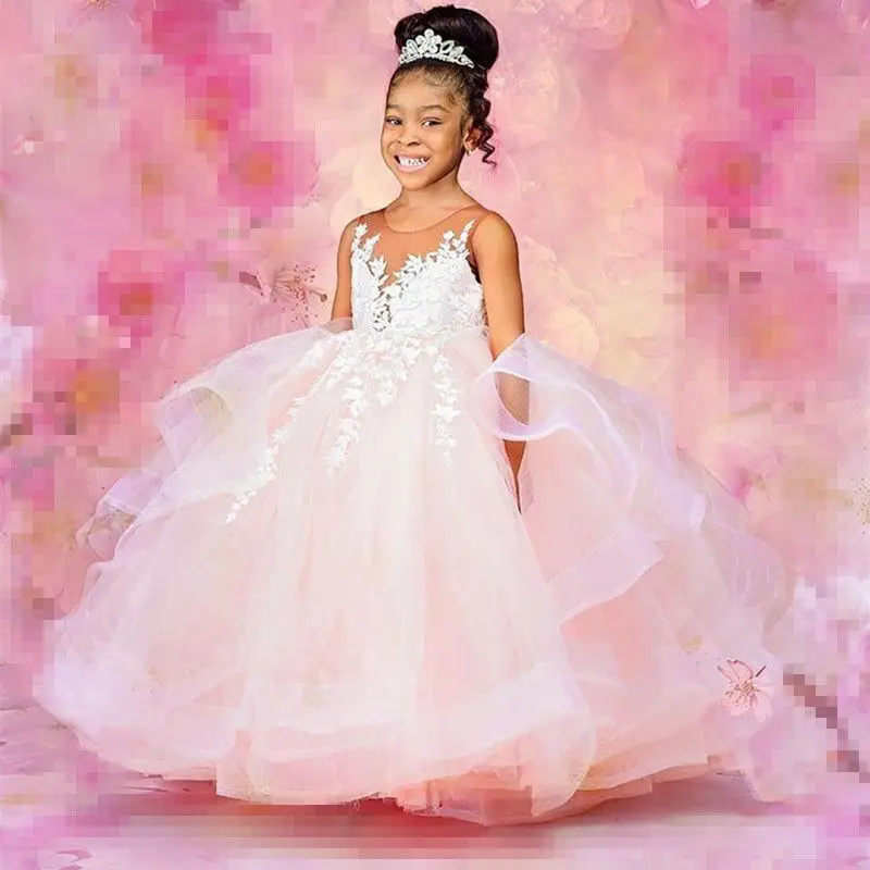 

Princess Lace Light Pink Backless Flower Girl Dress Stylish Tiered Pageant Wedding Cheap First Communion Little Bride Ball Gowns