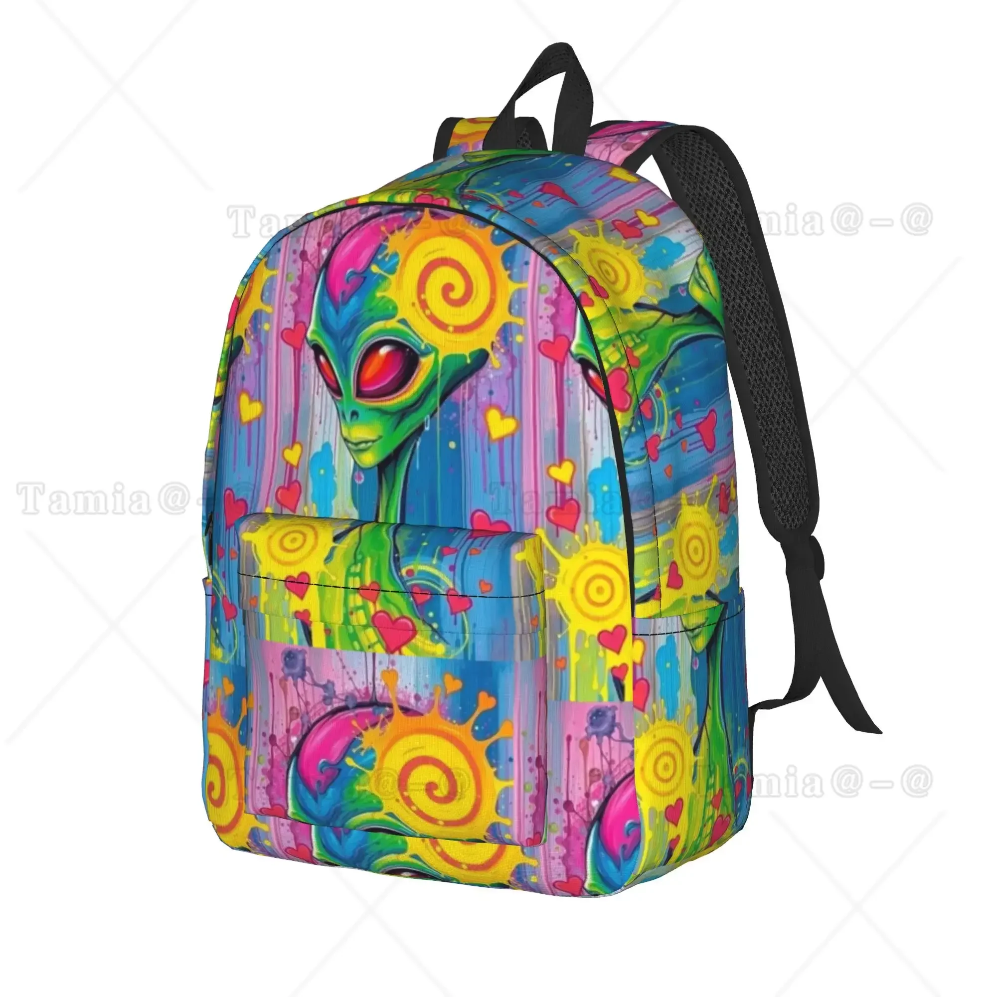 Funny Alien Print Backpack  Female Polyester Hiking Backpacks Large Kawaii High School Bags Rucksack