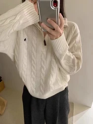 Winter Korean Fried Dough Twists Design Solid Long Sleeve Knitted Top New Women's Versatile Half Zip Embroidery Sweater