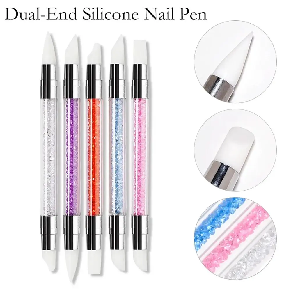 5 pz/set doppia testa nail art penna in silicone fiore scolpire morbido pennello per nail art colla regolabile stick penna per goffratura