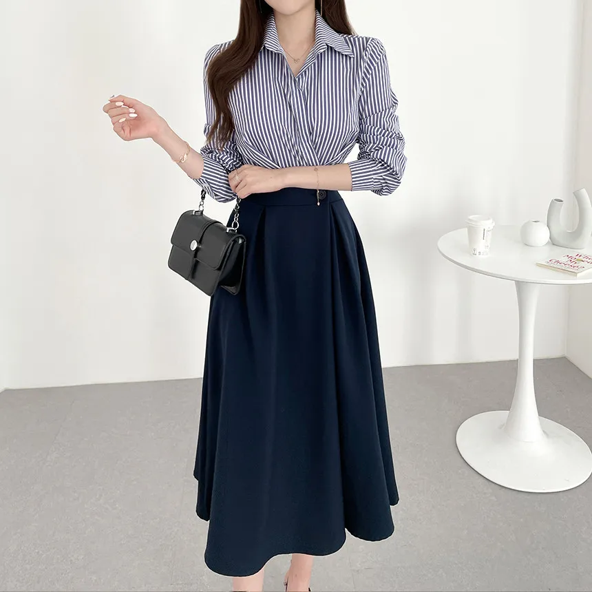 Chic Autumnal Luxury Fashion Striped Patchwork Waist-Cinching Shirt Dress High Waist Polyester Fiber Spring Commute Style
