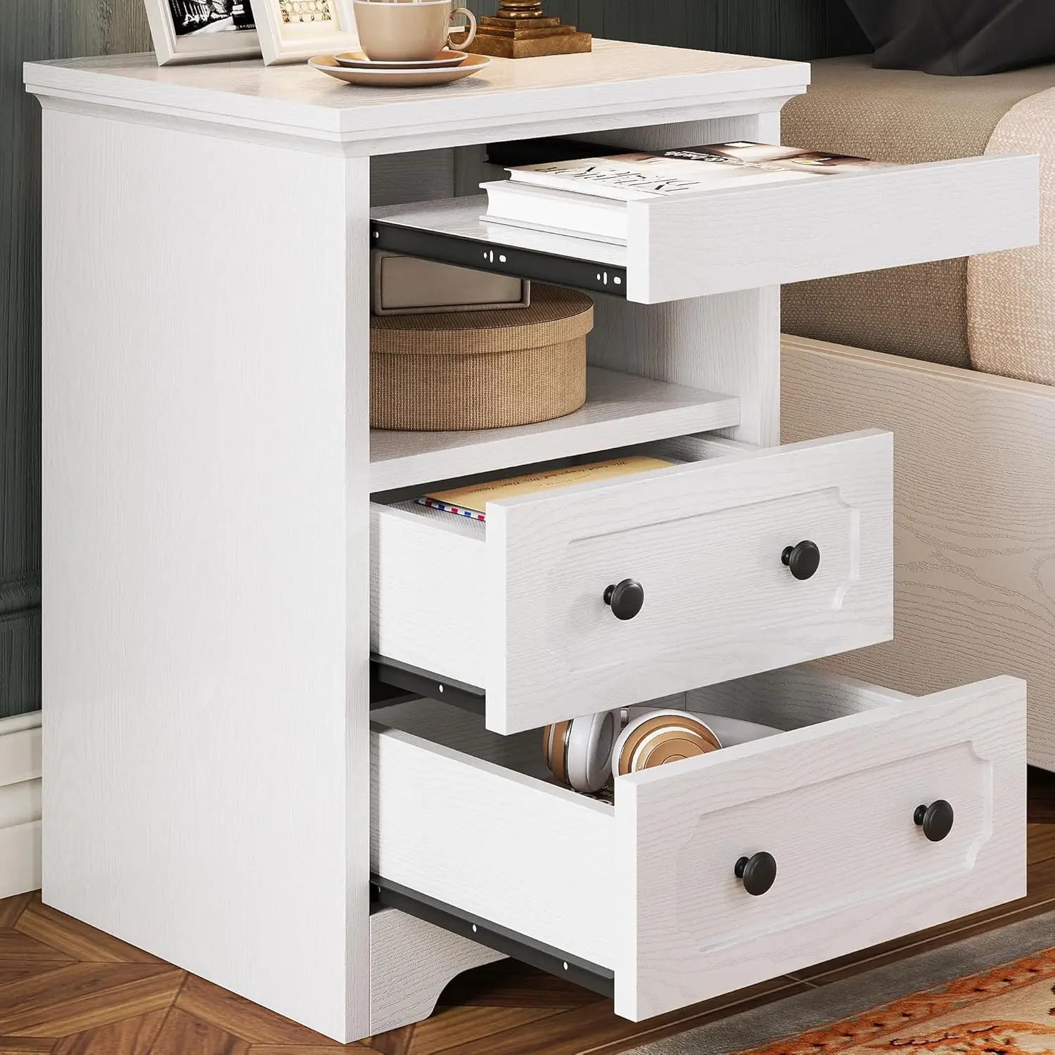 

Modern Nightstand with 2 Drawers, Open Shelf & Pull-Out Tray, White Wood Side Table for Bedroom