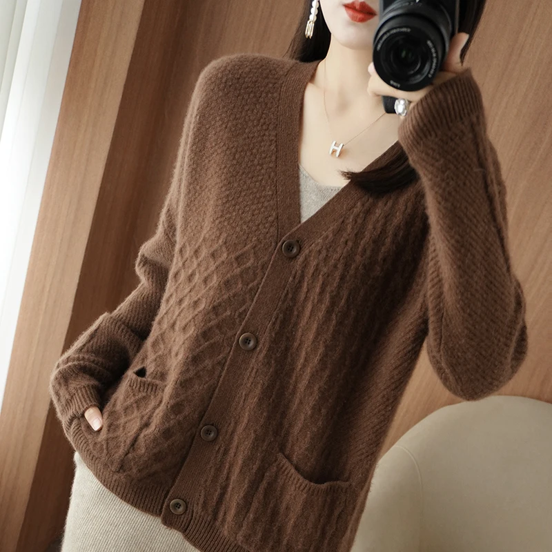 2023 Autumn Winter New 100% Pure Wool Cardigan Sweater Women\'s Solid Color Loose Thicken Fashion Female Long Sleeve Knitwear