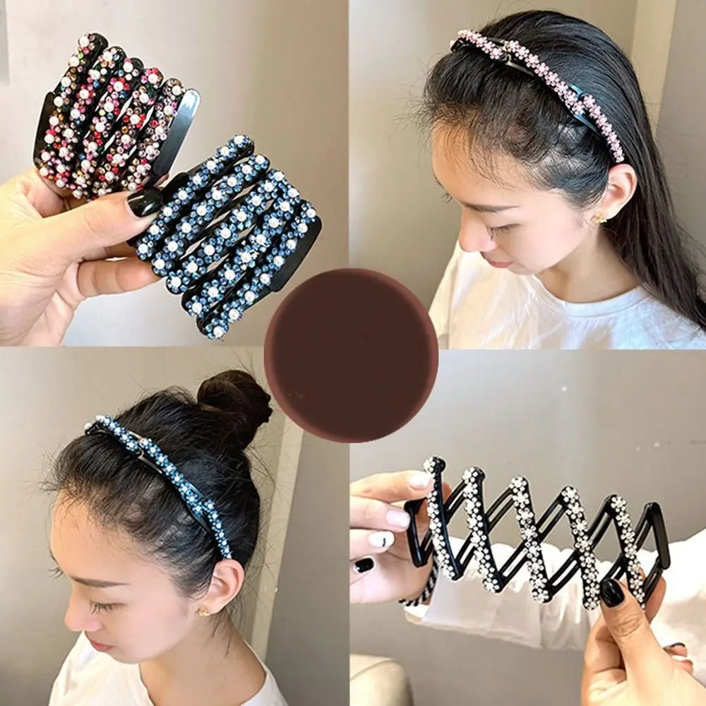 Diadema plegable con diamantes de imitación, banda extensible con flores y perlas para el pelo, diadema fina para lavar la cara, diadema para estudiantes