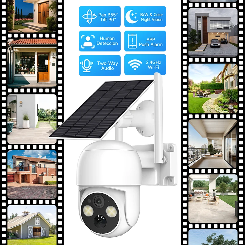 

Беспроводная камера безопасности на солнечной энергии 5 МП с 355 ° Пан/90 ° Наклон IP65 Водонепроницаемый Двусторонний аудиообнаружение человека на открытом воздухе/в помещении
