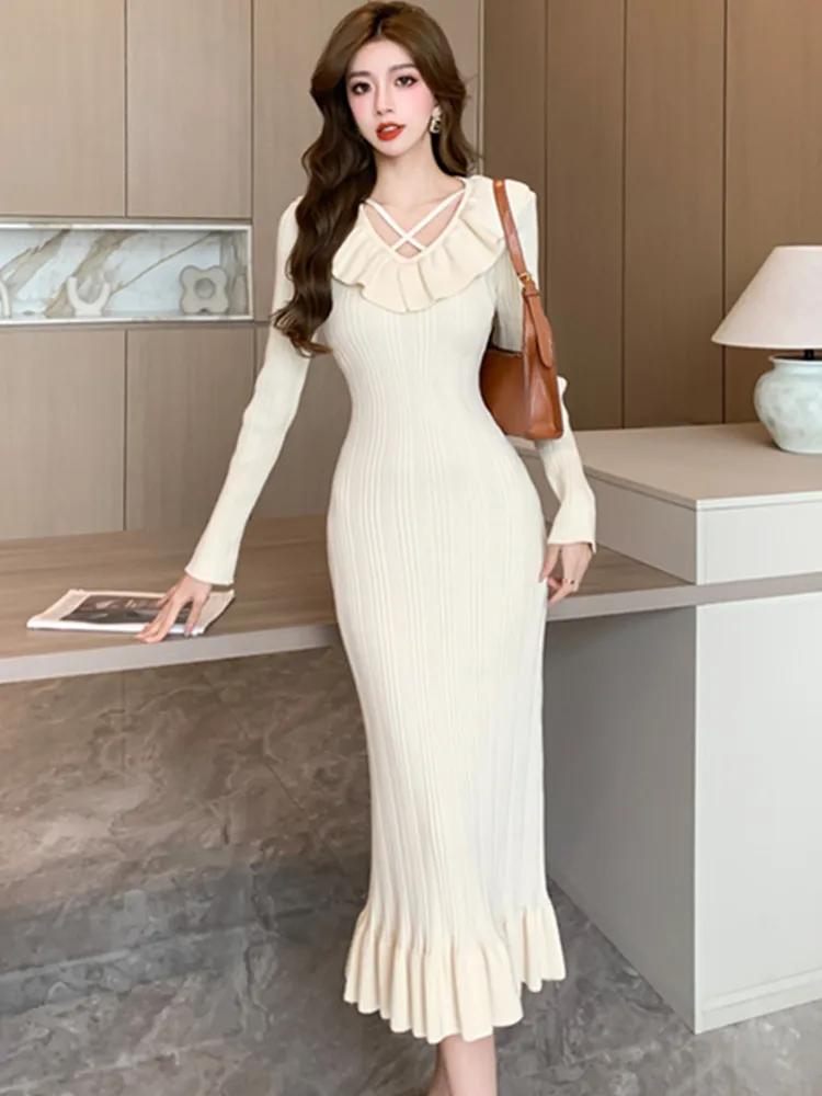 SMTHMA Women Autumn Ruffle Knitted Dress O Neck Sexy Slim Elastic Bodycon Sweater Dress Winter Knit Warm  Mermaid Long Dress