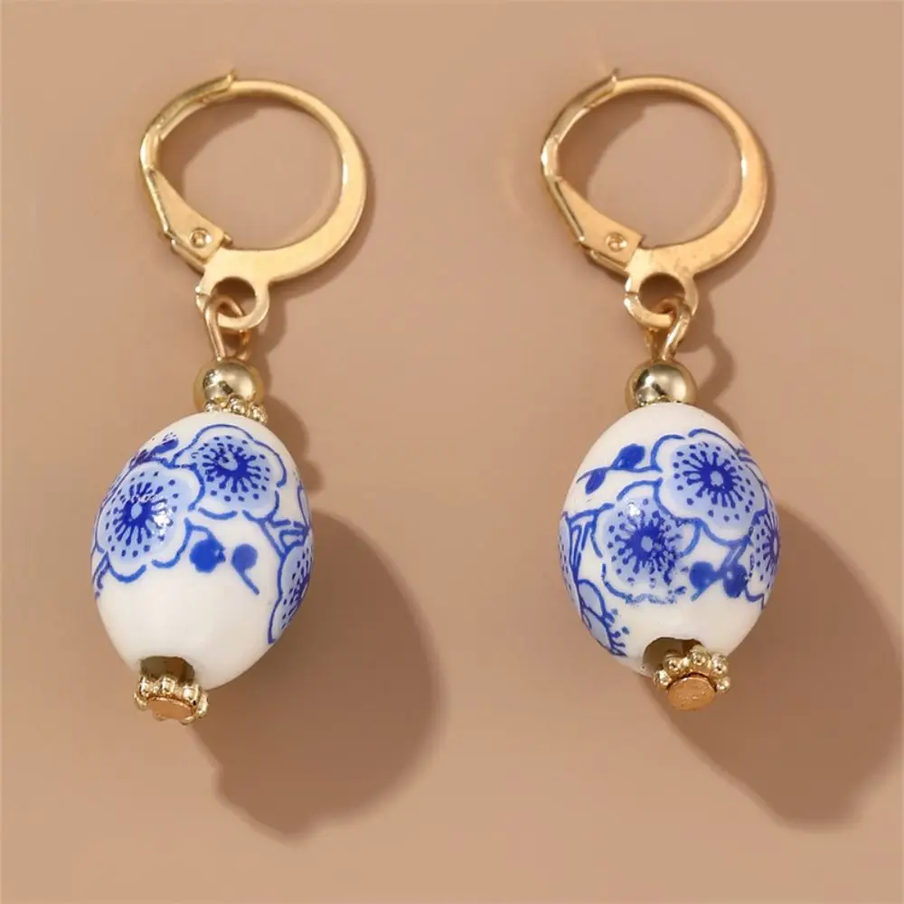 Ceramics Pearl Dangle Earring Handmade Rice Bead Blue and White Porcelain Earrings Round Jewelry Accessories