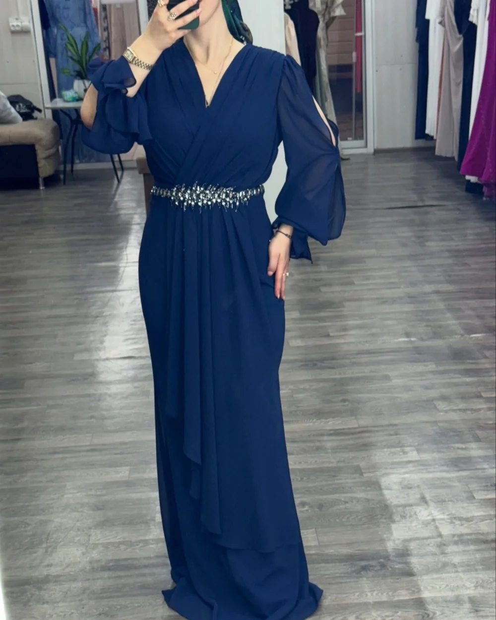 

Customized Modern Style Elegant Chiffon Rhinestone Beading Straight V-neck Long Dresses Bespoke Occasion Dresses Sizes Available