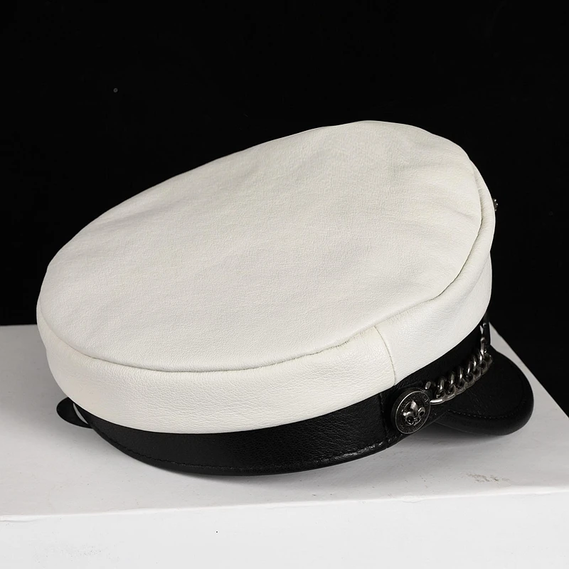 Genuine Leather Captain Hat Men Spring Korean Fashion Short Brim Navy Caps Male High Quality Black White Flat Gorras Hombre