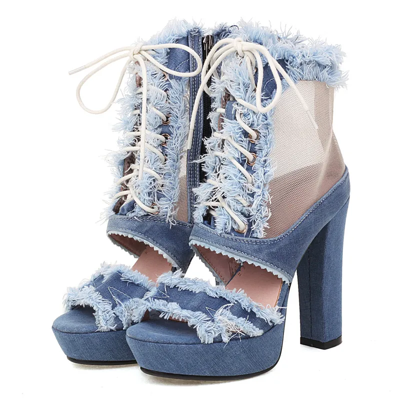 Lasyarrow Denim Jeans Fabric Light Blue Peep Toe Sexy Female Shoes Lace-up Platform Heels Womens Summer Gladiator Boots Sandals