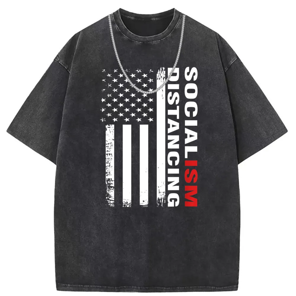 Socialism Distancing American Flag Vintage Politica T Shirt Plain Printed Summer Fall Long Sleeve Sweatshirts Plus Size Tshirt