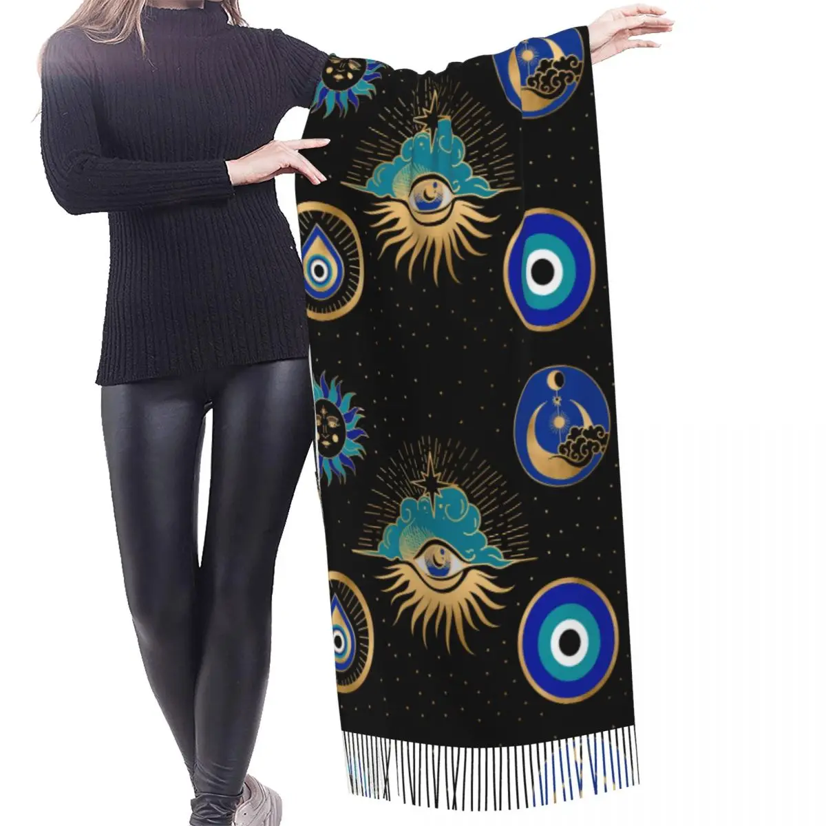 Custom Stylish Nazar Turkey Evil Eye Symbol Amulet Tassel Scarf Women Winter Warm Shawl Wrap Fashion Versatile Female Scarves