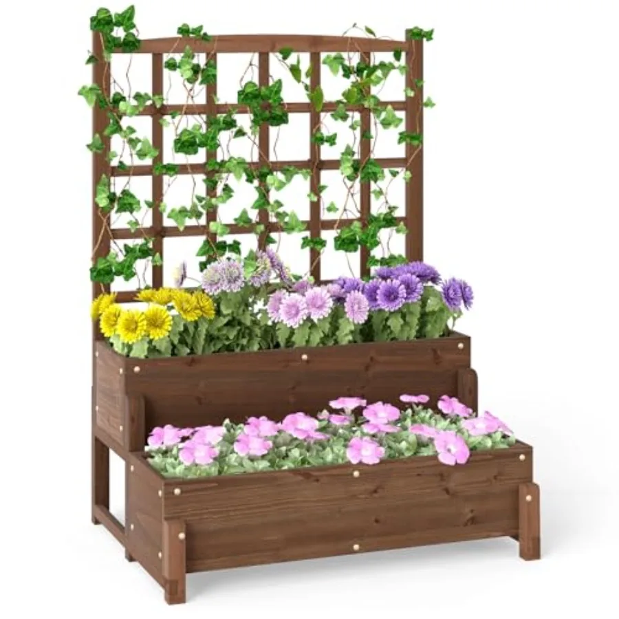 

Двухуровневая деревянная приподнятая грядка с решеткой и дренажными отверстиями для вьющихся растений, уличный ящик для растений коричневого цвета для патио