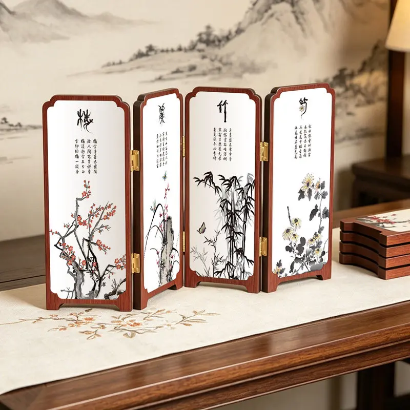 Chinese Style Plum Orchid Bamboo Chrysanthemum Table Screen, Foldable Vintage Desk Ornament, Oriental Home Decor