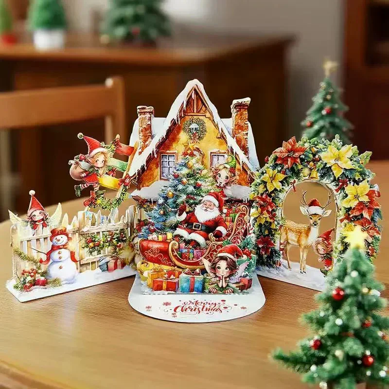 3D Christmas Card Night Before Christmas Scene With Santa, Reindeer, Snowy Village & Moonlit Sky Festive Holiday Greeting Card F